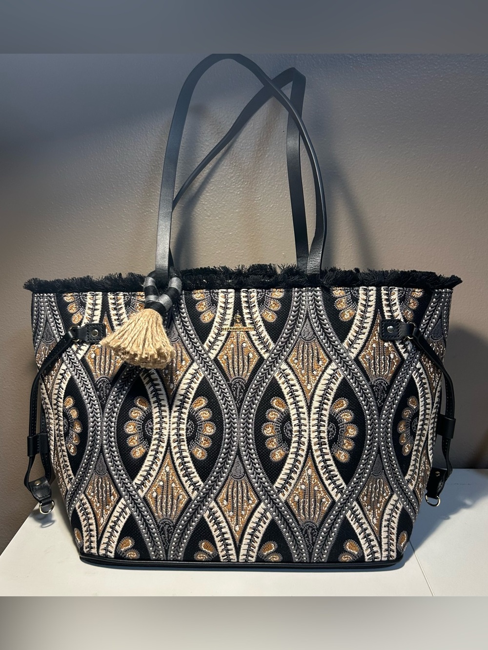 Spartina 449 Large Tote Embroidered Linen Leather